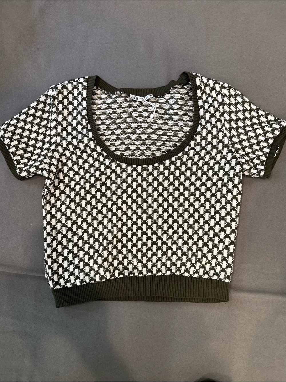 Zara Olive Green & White Patterned Scoop Neck Crop Sweater To Waist Soft Medium